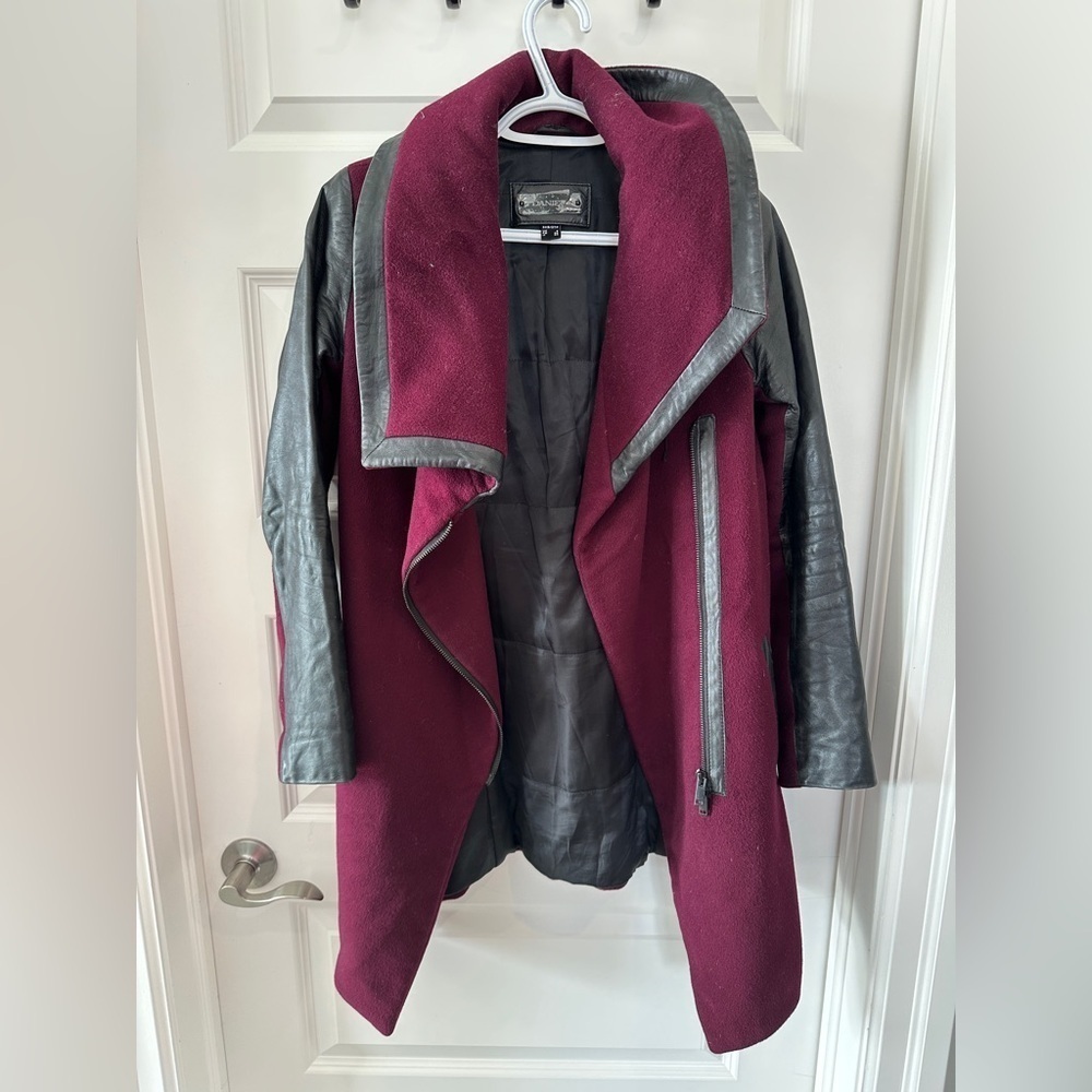 Danier Wool Leather Maroon Black Trench Coat Size 3XS Women’s - Picture 3 of 14